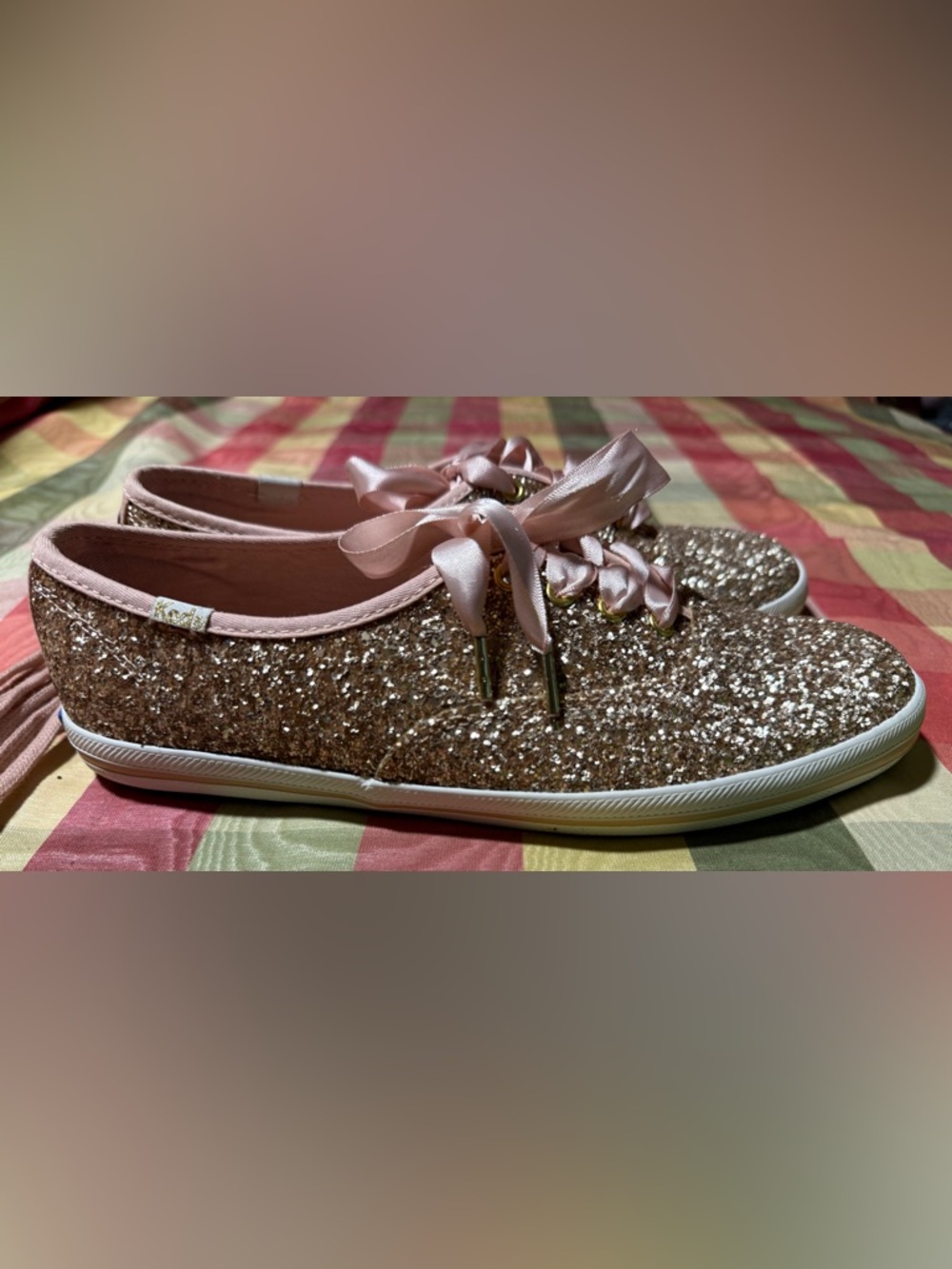 kate spade Gold Glitter Sneakers with Pink Satin Ribbon Laces - Picture 5 of 10